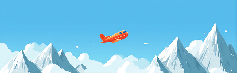 2D cartoon airplane flying between snowy mountain peaks under bright blue sky, minimal flat design with playful and colorful style, perfect for mobile game icon or app illustration.