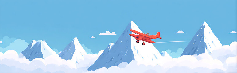 2D cartoon airplane flying between snowy mountain peaks under bright blue sky, minimal flat design with playful and colorful style, perfect for mobile game icon or app illustration.