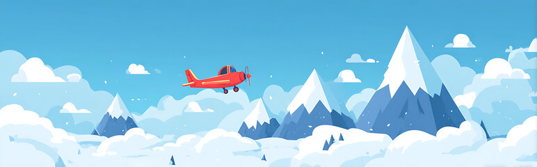 2D cartoon airplane flying between snowy mountain peaks under bright blue sky, minimal flat design with playful and colorful style, perfect for mobile game icon or app illustration.