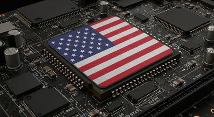 USA Flag on CPU Chip, Symbol of Global Chip War and Semiconductor Technology Race, Semiconductor Industry and Tech Dominance.