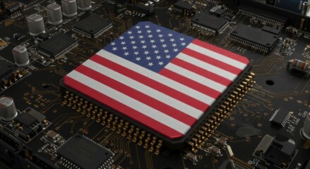 USA Flag on CPU Chip, Symbol of Global Chip War and Semiconductor Technology Race, Semiconductor Industry and Tech Dominance.