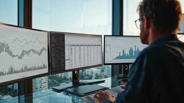 Business analyst reviews financial reports and monitors digital cash flow charts in modern office with city skyline background