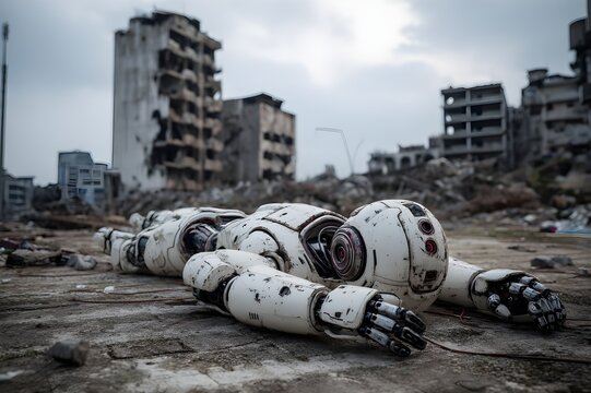 A broken white humanoid robot lies on cracked pavement in the ruins of an abandoned city, surrounded by collapsed concrete buildings and scattered debris, under a cloudy sky emitting a dull light - Powered by Adobe