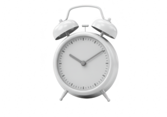 A classic white alarm clock with twin bells and a clear face, isolated on a transparent background