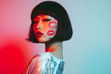 Analog fashion portrait of an East Asian woman with a sharp brown bob haircut, looking to the side, expression calm but intense. Her face is covered in kiss marks from bright red lipstick on her cheek