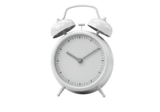 A classic white alarm clock with twin bells and a clear face, isolated on a transparent background
