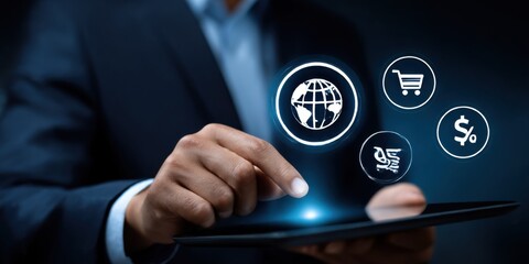 Professional Man in Elegant Suit Engaged with Tablet Displaying Informative Icons in Modern Office Environment Radiating Confidence and Innovation