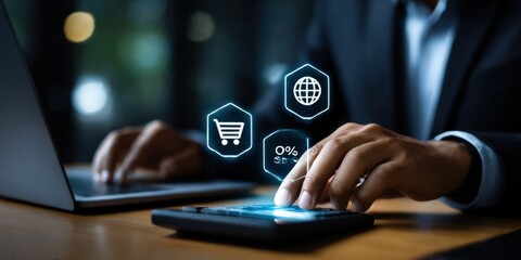 Focused Individual Engaged in Work Using Laptop with Hand on Keyboard in Cozy Indoor Environment Creating an Atmosphere of Productivity and Concentration