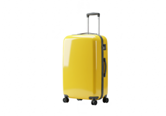 A bright yellow modern suitcase with a retractable handle and wheels, isolated on a transparent background