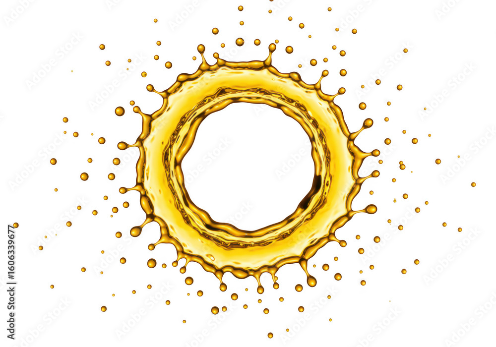 Poster a dynamic splash of yellow liquid forming a circular ring with droplets, isolated on white isolated 
