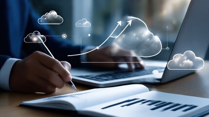 Individual Engaged in Creative Work on Laptop with Cloud Computing Diagram Representing Digital Transformation in a Modern Professional Environment