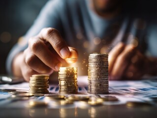 Focused Man Carefully Stacking Coins on a Table in a Softly Lit Room Creating an Atmosphere of Patience and Financial Planning for Success