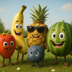 Cute 3D Fruit Characters in a Sunny Park – Happy and Playful Cartoon Scene

