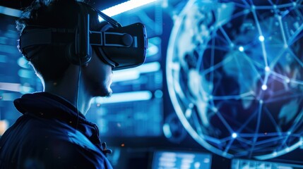 Person wearing VR headset, futuristic interface