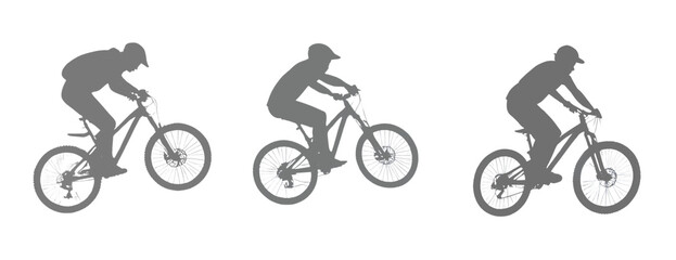Three silhouettes of a mountain biker performing tricks on a black background