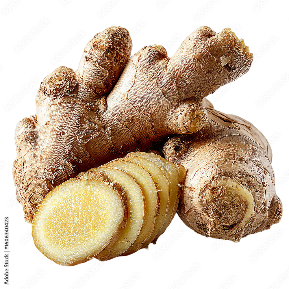 Poster a close up of ginger root with slices on a black background studio shot isolated on transparent back