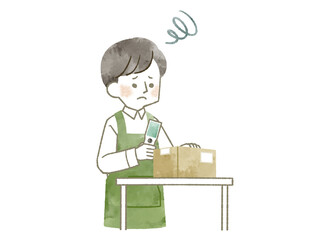 困った表情でハンディターミナルを持って仕事をしているエプロンを着用した男性-水彩
