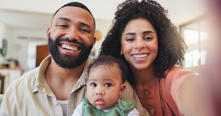 Parents, selfie and smile with baby, home and portrait with bonding, memory or photography with love. People, mother and father with infant child, profile picture and happy on social media in Brazil