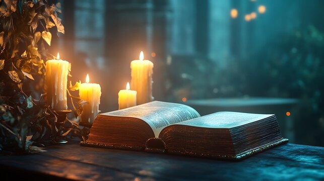 Whimsical church table with glowing Bible and candles