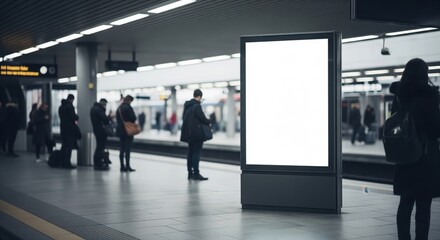 People waiting on a subway platform with a blank digital advertisement screen