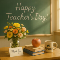 Happy Teacher's Day Classroom Scene with Flowers, Apple, and Thank You Card

