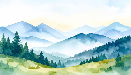 Misty morning over tranquil mountain hills. Snow-capped mountains with fog and green trees. Fog and mist swirling over mountain peaks. Majestic mountains shrouded in morning mist