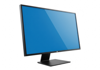A modern flatscreen computer monitor with a vibrant blue display, showcasing a clean design and isolated on a transparent background