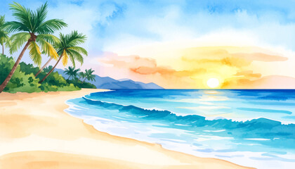 Obraz premium Tropical beach with sunset and calm waves. Sunset at a beach with palm trees and ocean view. Peaceful shoreline with ocean waves at dusk. Beautiful tropical landscape with palm trees at sunset