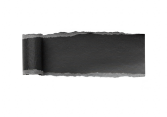 A strip of torn black paper with a rough edge and a rolled corner, isolated on a transparent background