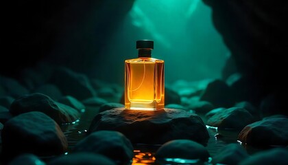 Elegant perfume bottle glows with golden light on a stone surface in a mysterious, moody grotto