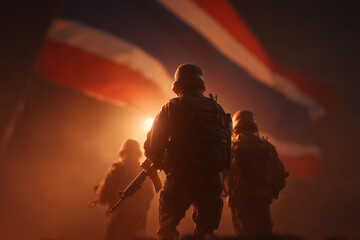 A bold composition featuring silhouetted armed soldiers standing before an enlarged Thai national flag that fills the entire background. 