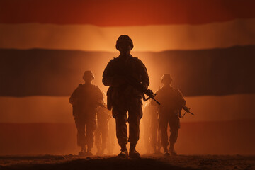 A bold composition featuring silhouetted armed soldiers standing before an enlarged Thai national flag that fills the entire background. 