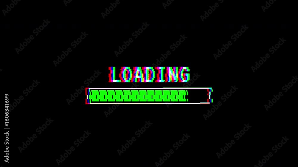 Poster gaming style 8 bit loading bar with glitch effect on black background. 4k video animation