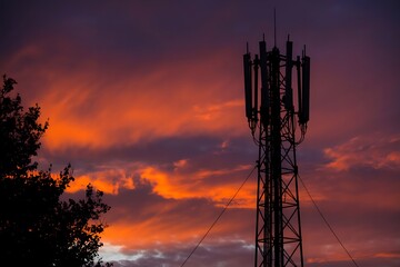 Fototapeta premium Cell tower against dramatic sunset sky with clouds and tree silhouette communication antenna