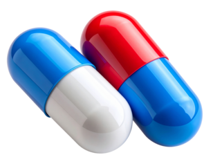 Glossy Two-Tone Capsule Pill in Red and Blue, Transparent Background PNG