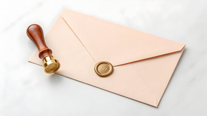 Peach Envelope with Gold Wax Seal and Business Card