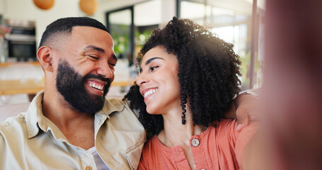 Couple, selfie or happy with hug on couch with laugh, love or connection for post on web in home....
