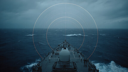 Advanced shipboard electronic warfare system generating concentric defense shields intercepting missile trails amidst stormy sea chaos, futuristic military technology concept.