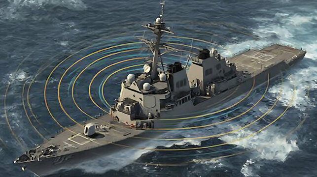 Advanced shipboard electronic warfare system generating concentric defense shields intercepting missile trails amidst stormy sea chaos, futuristic military technology concept.