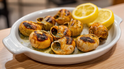 Fototapeta premium Ceramic plate with hot baked escargots and lemon wedges on the side. 
