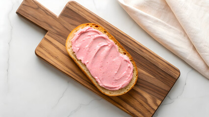 minimalist flatlay toasted baguette pink spread wooden board