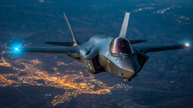 Advanced sixth-generation stealth fighter jet with diamond-shaped electronic warfare pod emitting blue electromagnetic pulses, futuristic canopy reflecting urban city lights at dusk, hazy atmospheric 