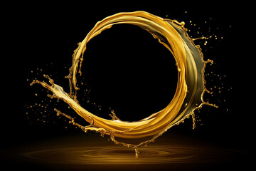 Naklejka premium A vibrant golden liquid splashes into a perfect circular frame against a dark background, symbolizing fluidity, motion, and dynamic energy.