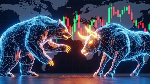 A digital bull and bear face off in front of a stock market chart and world map, symbolizing the battle between buyers and sellers in the global financial market