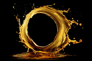 A vibrant golden liquid splashes into a perfect circular frame against a dark background, symbolizing fluidity, motion, and dynamic energy.
