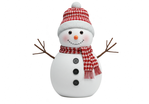 A cheerful snowman wearing a red and white checkered hat and scarf, isolated on white isolated on transparent background