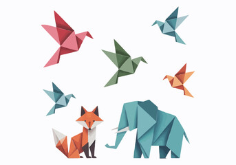 Origami-inspired animals on a white background include a red-brown fox, a blue elephant, and birds in various colors such as red, green, blue, and orange.