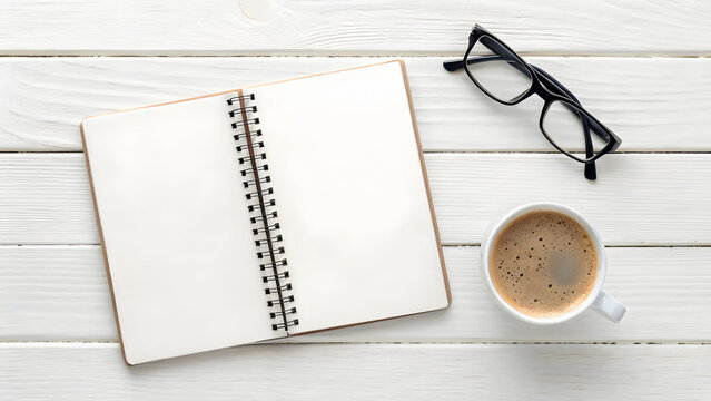 blank notepad coffee cup eyeglasses white wooden desk
