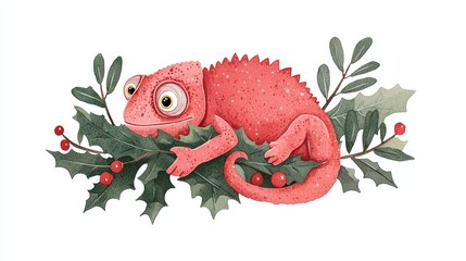 Fototapeta premium Cute Pink Chameleon on Holly Branch Watercolor Illustration