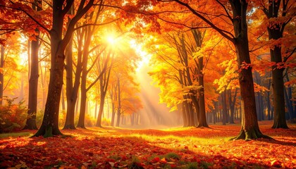 Fototapeta premium Sunbeams illuminate a path through a vibrant autumn forest, golden leaves carpeting the ground.